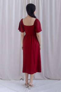 Beryl Ruched Empire Waist Sleeved Dress In Wine Red