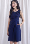 Bethany Pleated Waist Shealth Work Dress In Navy Blue