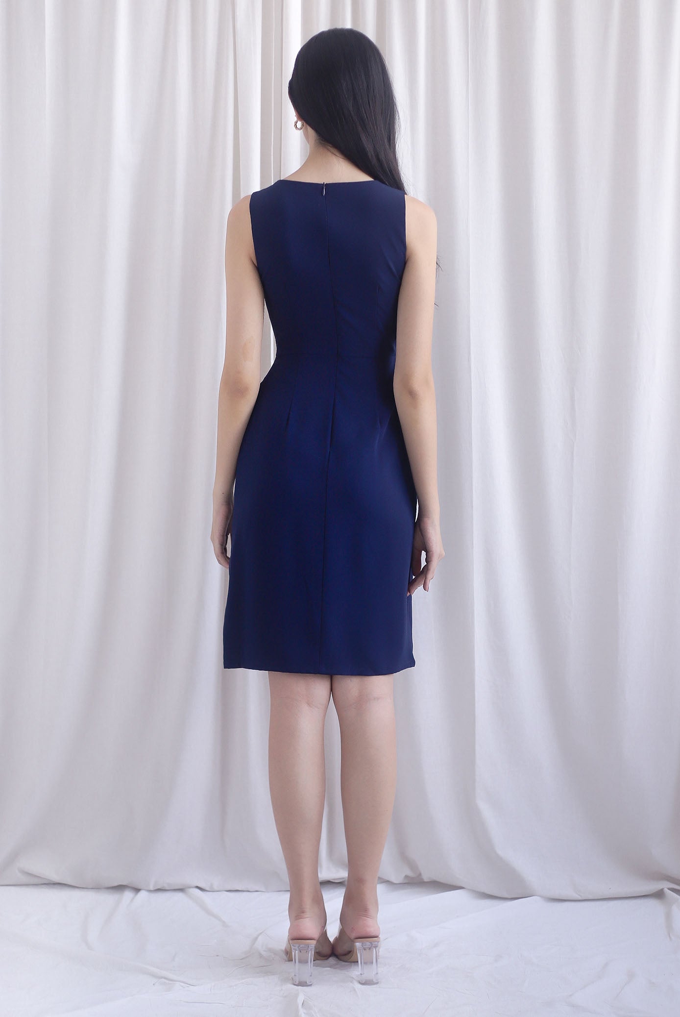Bethany Pleated Waist Shealth Work Dress In Navy Blue