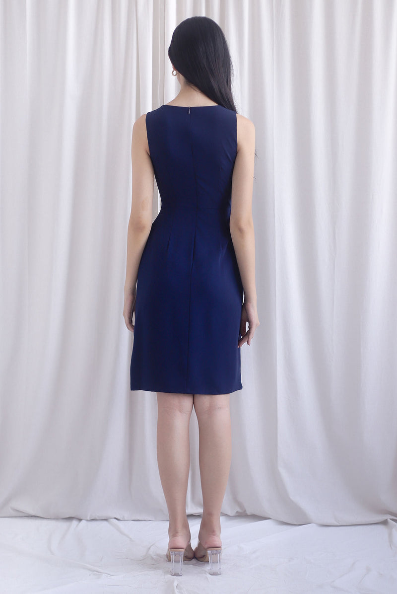 Bethany Pleated Waist Shealth Work Dress In Navy Blue