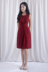 Bethany Pleated Waist Shealth Work Dress In Wine Red