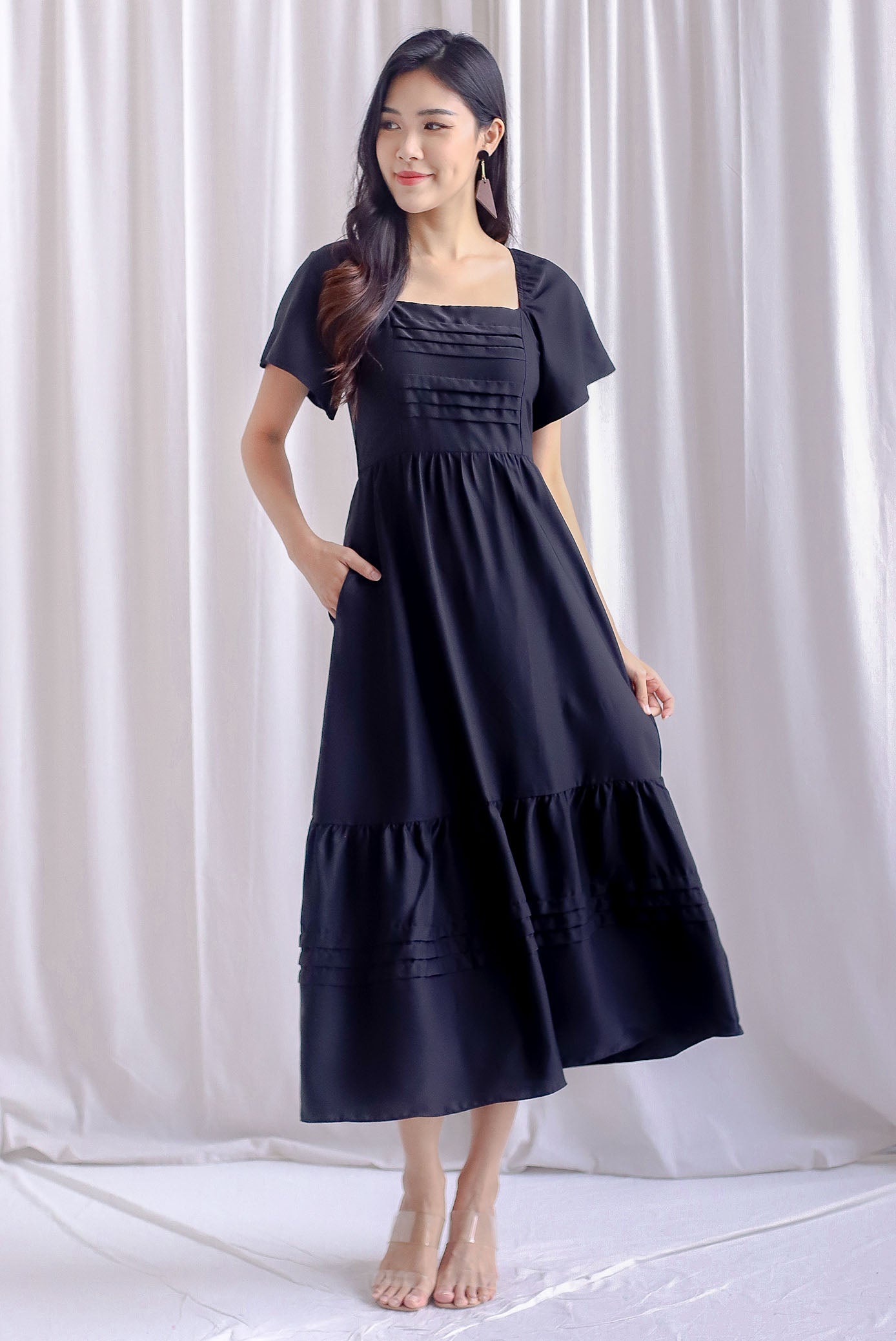 Pleated maxi dress with flutter outlet sleeve