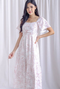 Bevelia Flutter Sleeve Pleated Maxi Dress In Pink Porcelain
