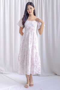 Bevelia Flutter Sleeve Pleated Maxi Dress In Pink Porcelain