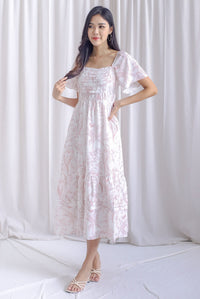 Bevelia Flutter Sleeve Pleated Maxi Dress In Pink Porcelain