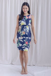 Bloom Oriental Floral Tiered Dress In Navy Blue