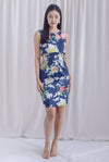 Bloom Oriental Floral Tiered Dress In Navy Blue