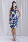 Bloom Oriental Floral Tiered Dress In Navy Blue