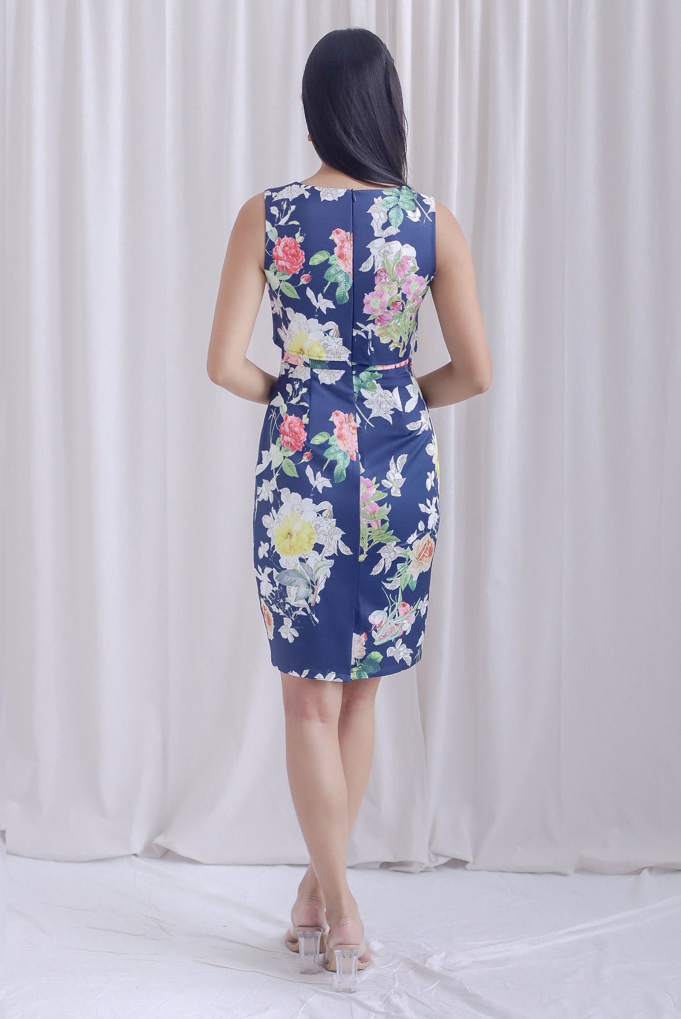 Bloom Oriental Floral Tiered Dress In Navy Blue