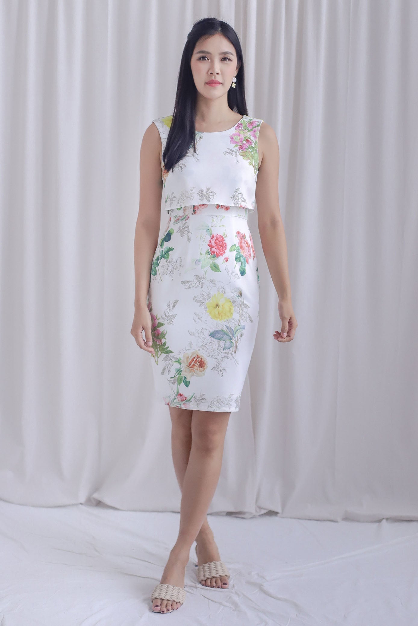 Bloom Oriental Floral Tiered Dress In White