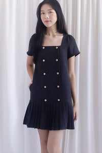 Boston Sleeved Tweed Gold Buttons Pleat Hem Dress In Black