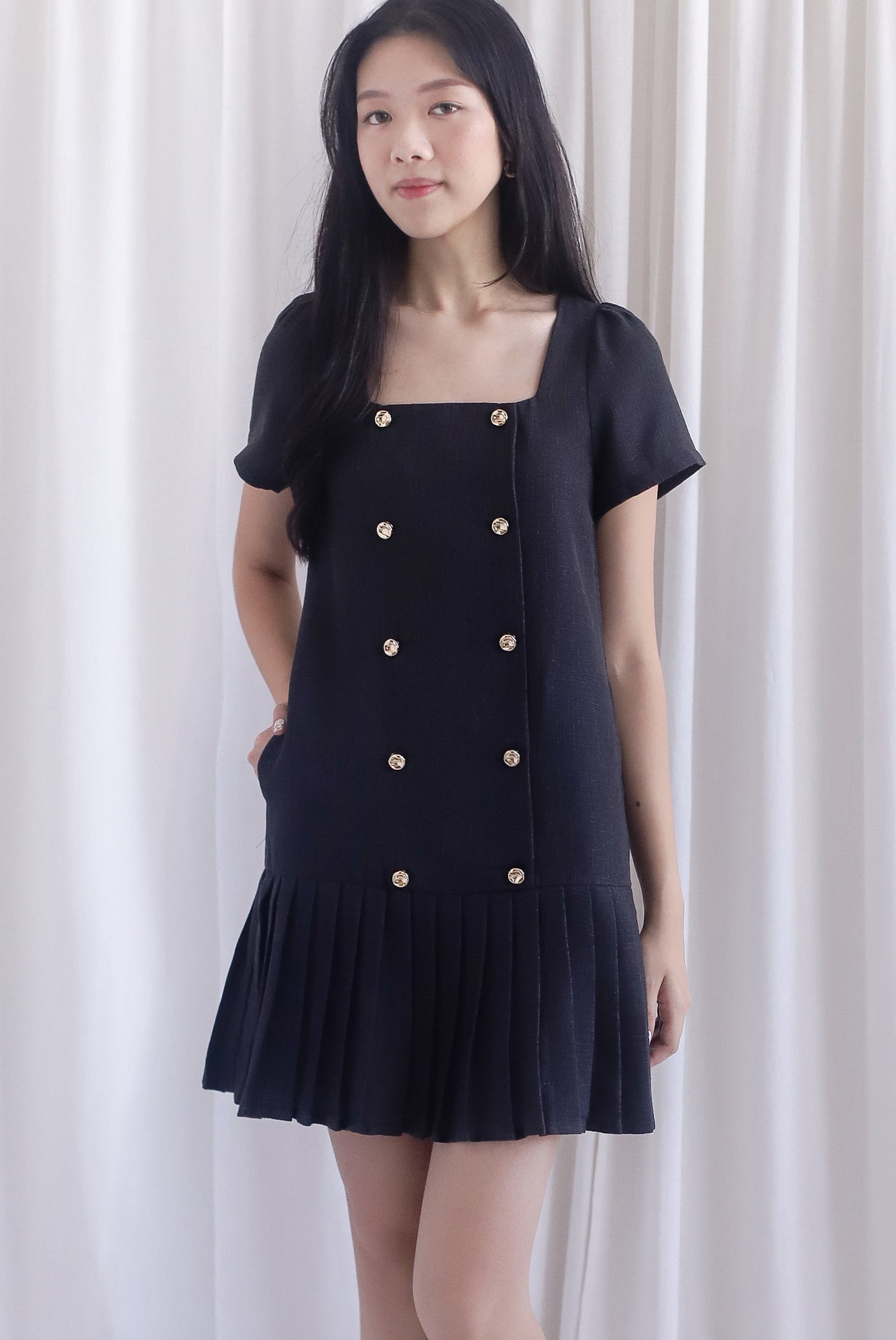 Boston Sleeved Tweed Gold Buttons Pleat Hem Dress In Black