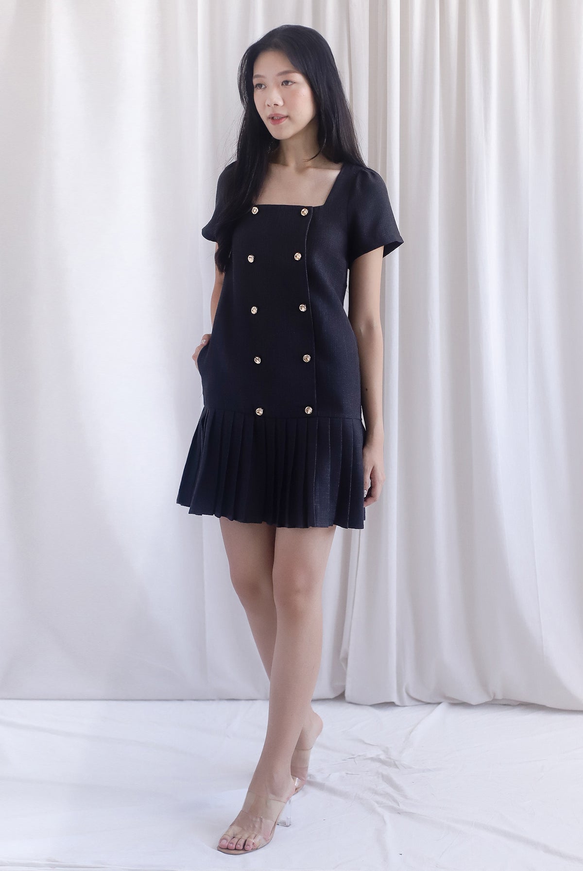 Boston Sleeved Tweed Gold Buttons Pleat Hem Dress In Black