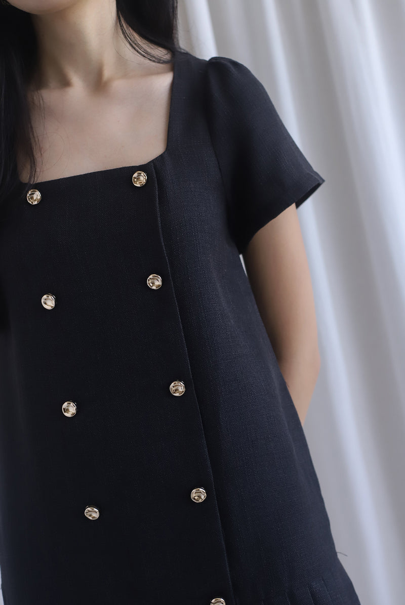 Boston Sleeved Tweed Gold Buttons Pleat Hem Dress In Black