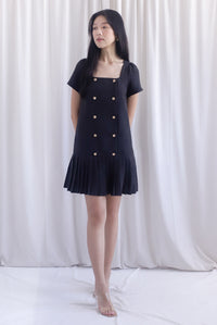 Boston Sleeved Tweed Gold Buttons Pleat Hem Dress In Black