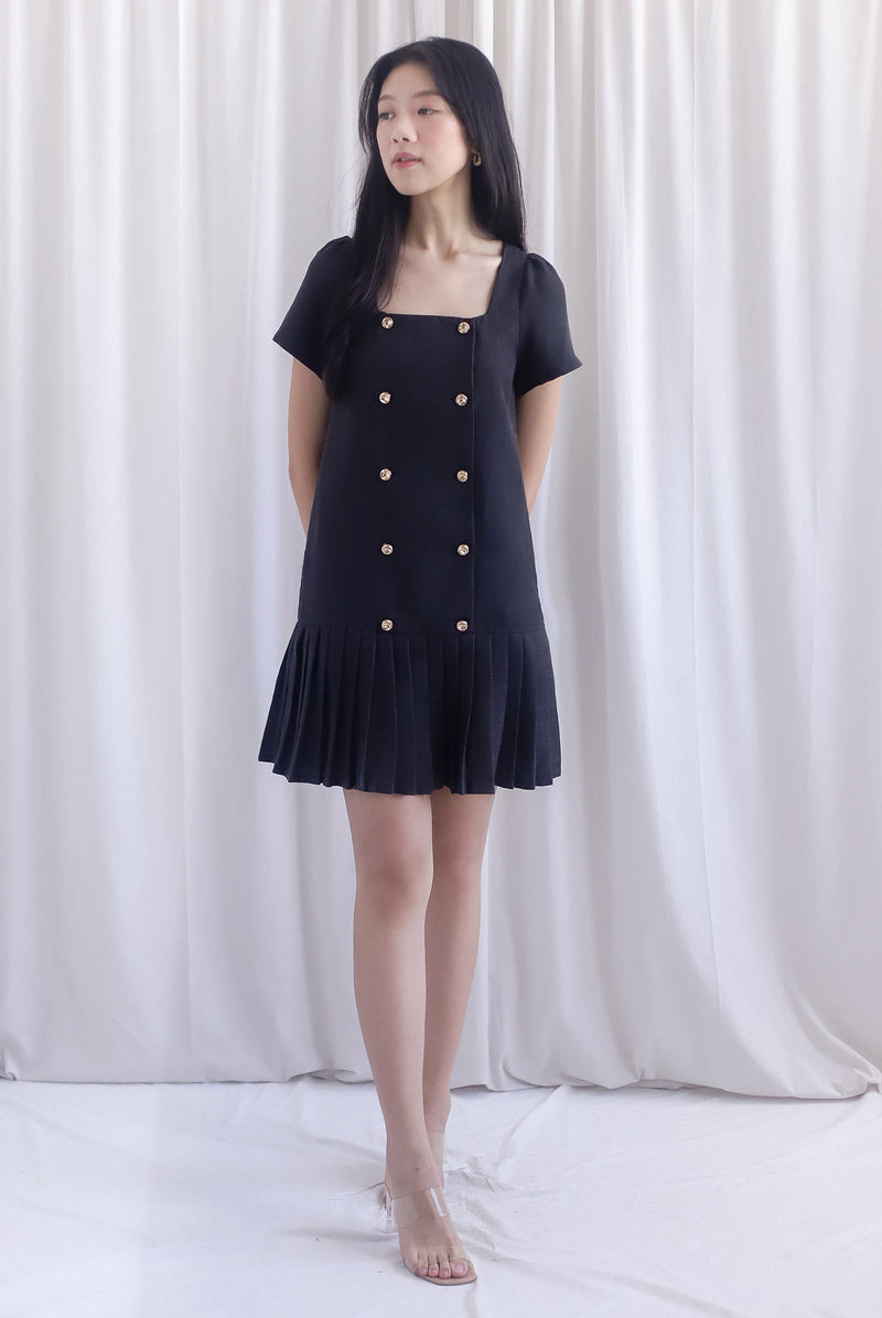 Boston Sleeved Tweed Gold Buttons Pleat Hem Dress In Black