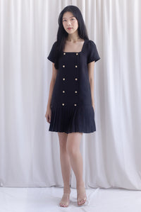 Boston Sleeved Tweed Gold Buttons Pleat Hem Dress In Black