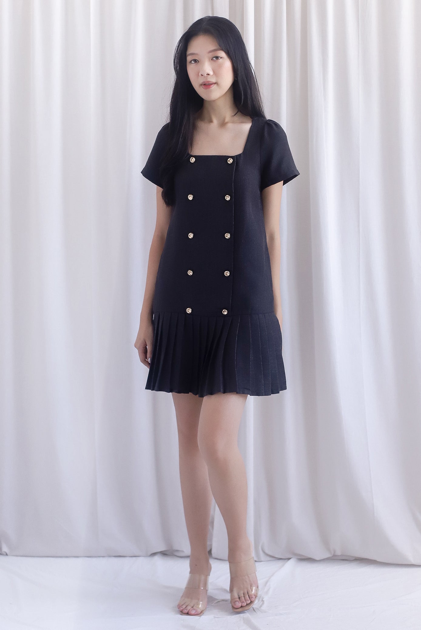 Boston Sleeved Tweed Gold Buttons Pleat Hem Dress In Black