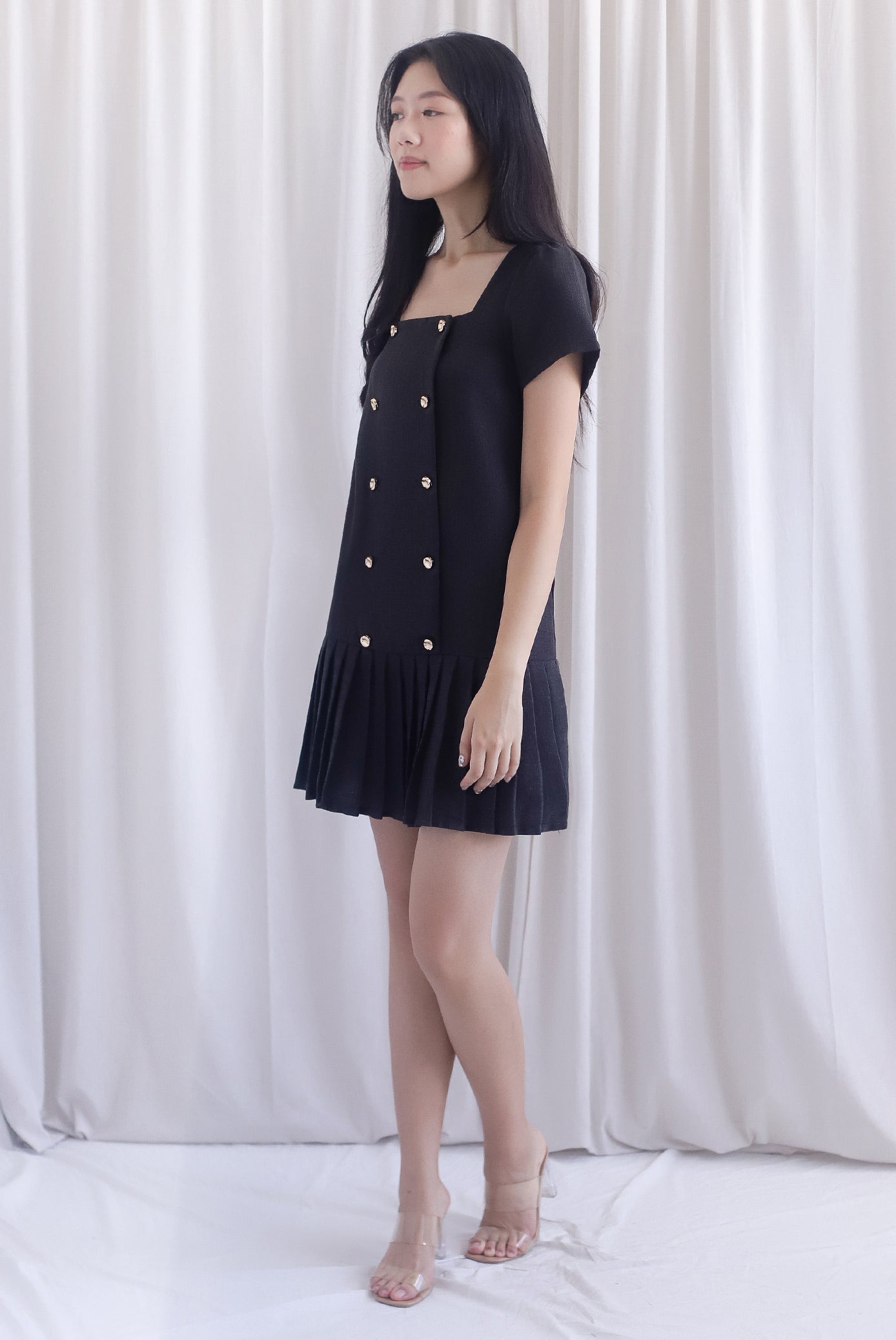 Boston Sleeved Tweed Gold Buttons Pleat Hem Dress In Black