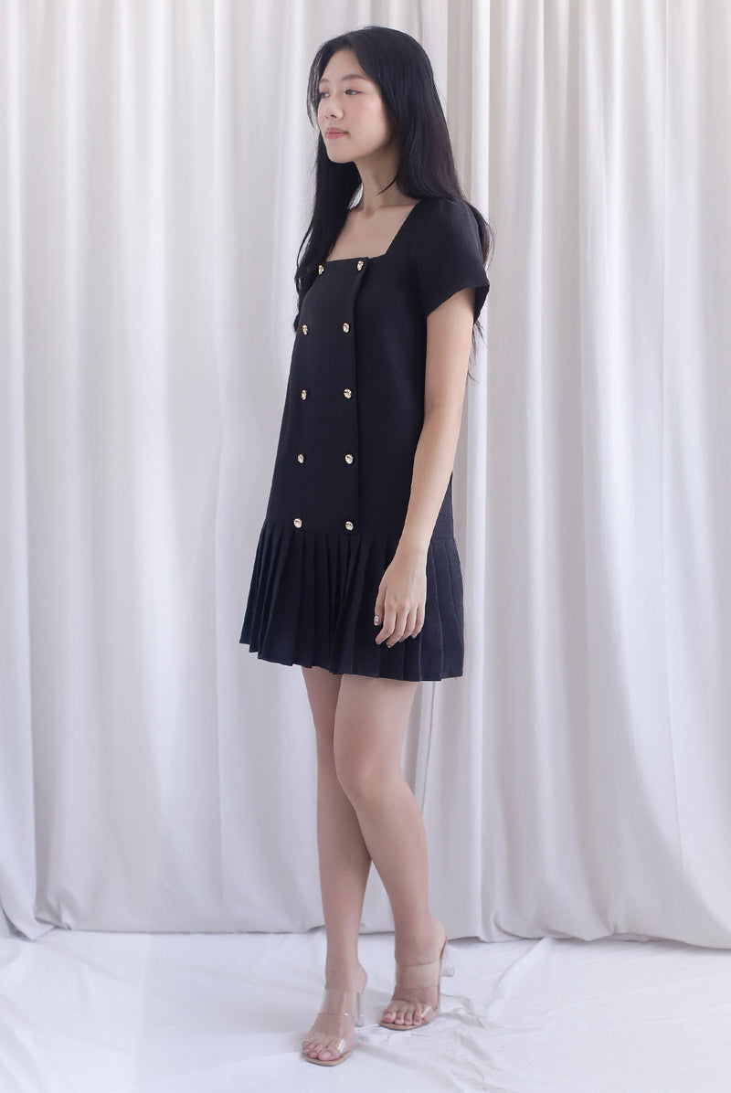 Boston Sleeved Tweed Gold Buttons Pleat Hem Dress In Black