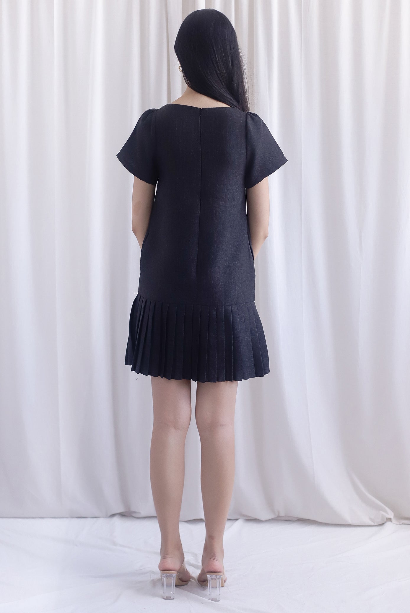 Boston Sleeved Tweed Gold Buttons Pleat Hem Dress In Black