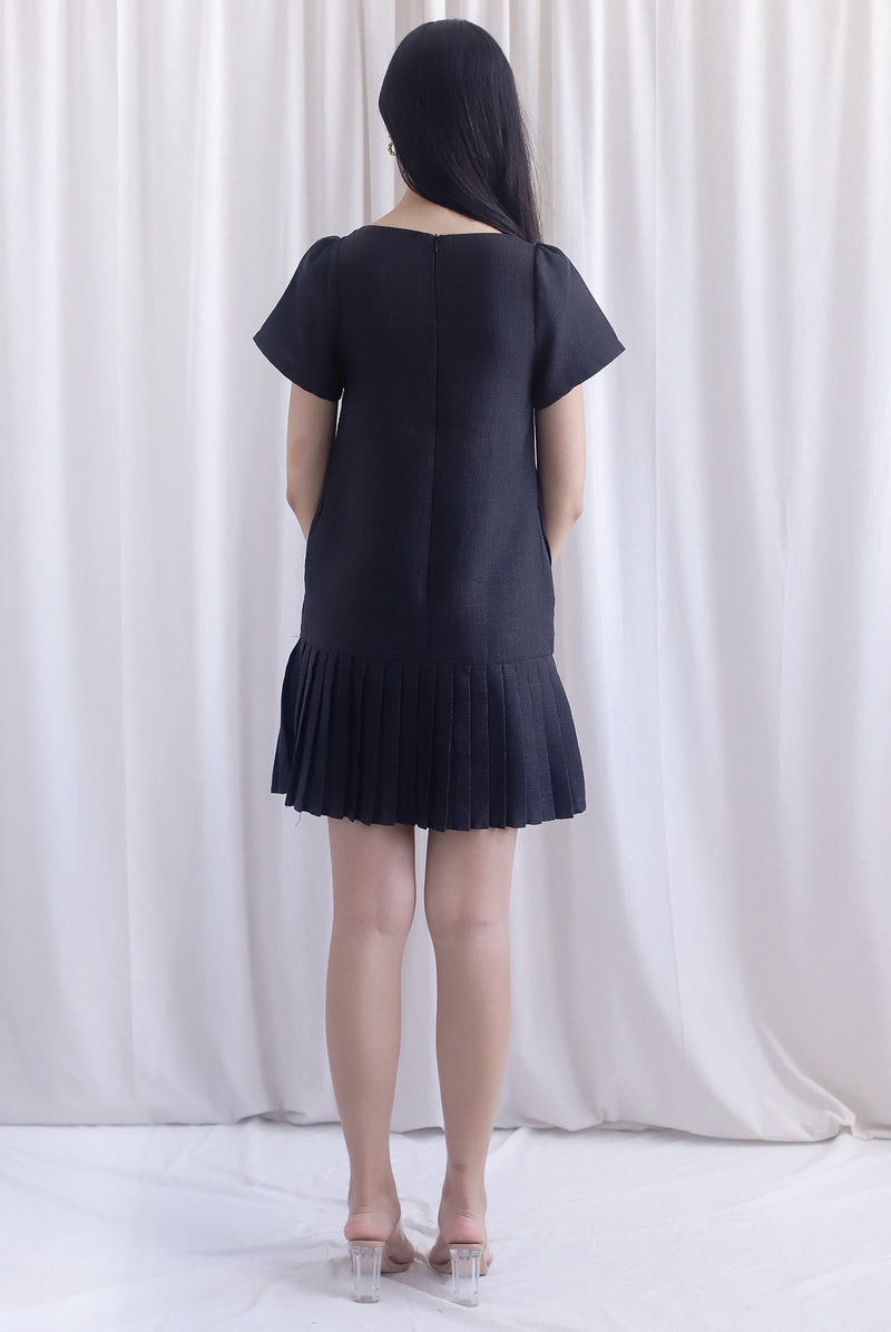 Boston Sleeved Tweed Gold Buttons Pleat Hem Dress In Black