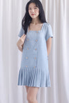 Boston Sleeved Tweed Gold Buttons Pleat Hem Dress In Blue