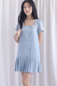 Boston Sleeved Tweed Gold Buttons Pleat Hem Dress In Blue