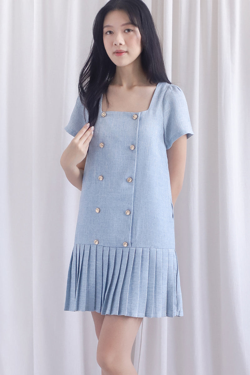 Boston Sleeved Tweed Gold Buttons Pleat Hem Dress In Blue