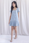 Boston Sleeved Tweed Gold Buttons Pleat Hem Dress In Blue