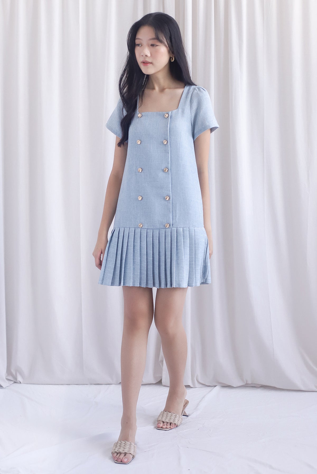 Boston Sleeved Tweed Gold Buttons Pleat Hem Dress In Blue