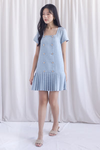 Boston Sleeved Tweed Gold Buttons Pleat Hem Dress In Blue