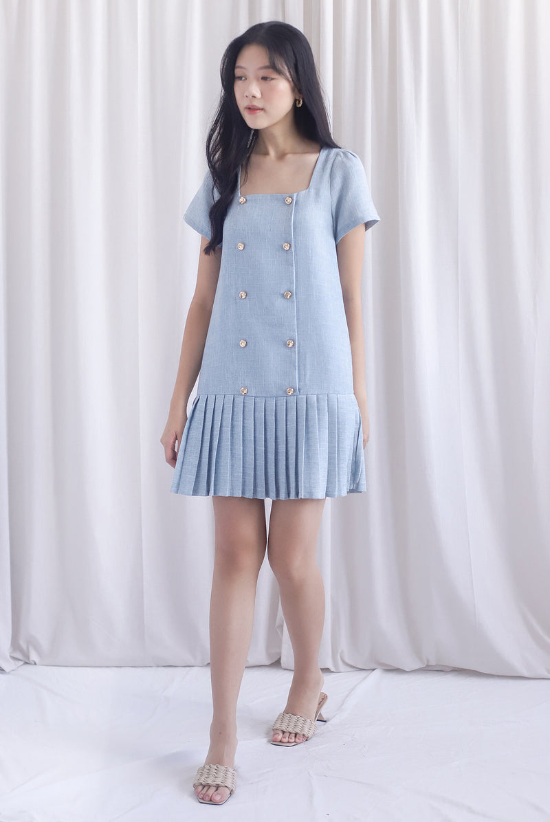 Boston Sleeved Tweed Gold Buttons Pleat Hem Dress In Blue