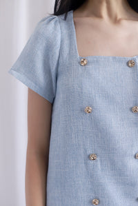 Boston Sleeved Tweed Gold Buttons Pleat Hem Dress In Blue