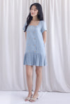 Boston Sleeved Tweed Gold Buttons Pleat Hem Dress In Blue