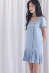 Boston Sleeved Tweed Gold Buttons Pleat Hem Dress In Blue