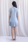 Boston Sleeved Tweed Gold Buttons Pleat Hem Dress In Blue