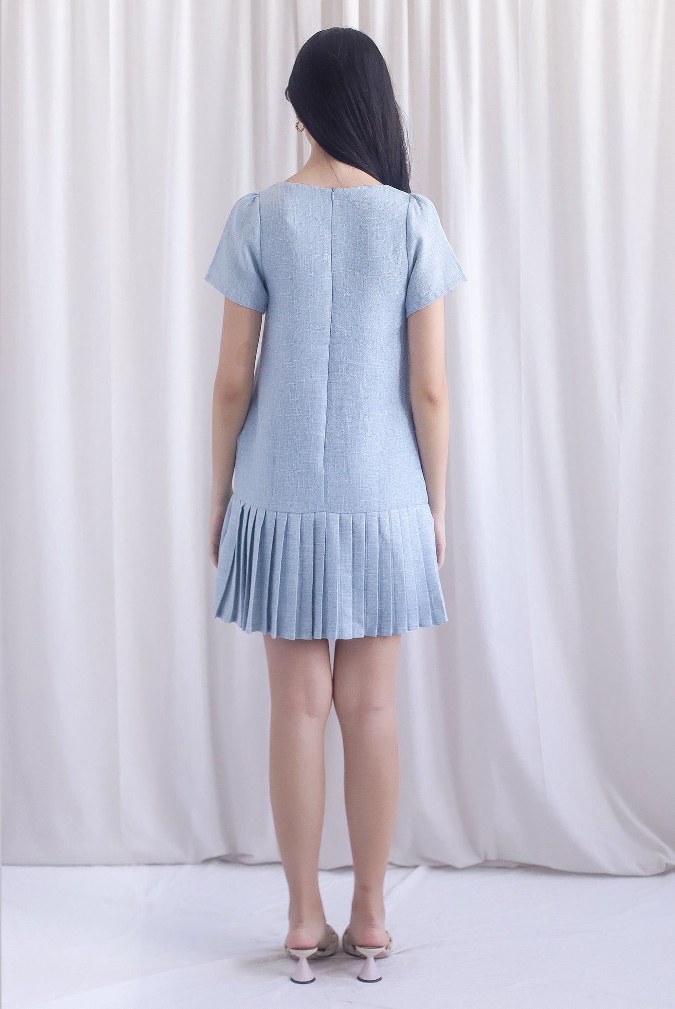 Boston Sleeved Tweed Gold Buttons Pleat Hem Dress In Blue