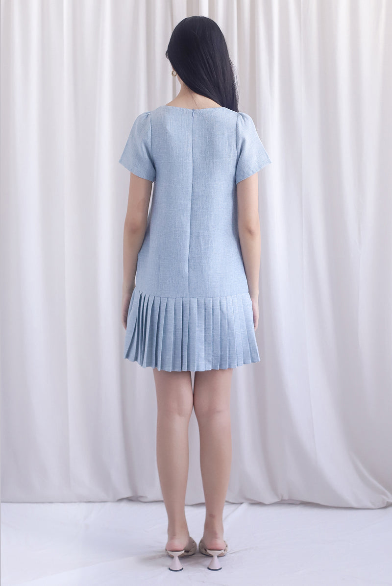Boston Sleeved Tweed Gold Buttons Pleat Hem Dress In Blue