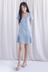 Boston Sleeved Tweed Gold Buttons Pleat Hem Dress In Blue
