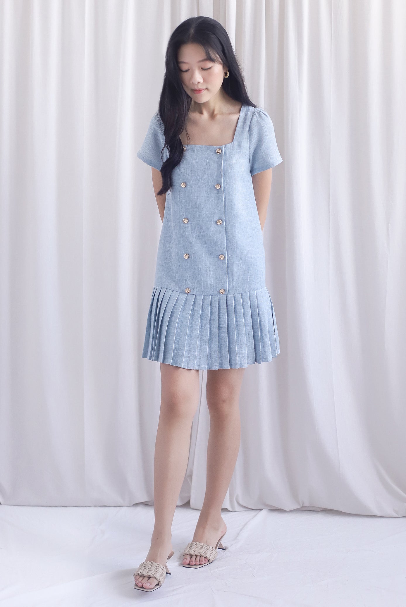Boston Sleeved Tweed Gold Buttons Pleat Hem Dress In Blue