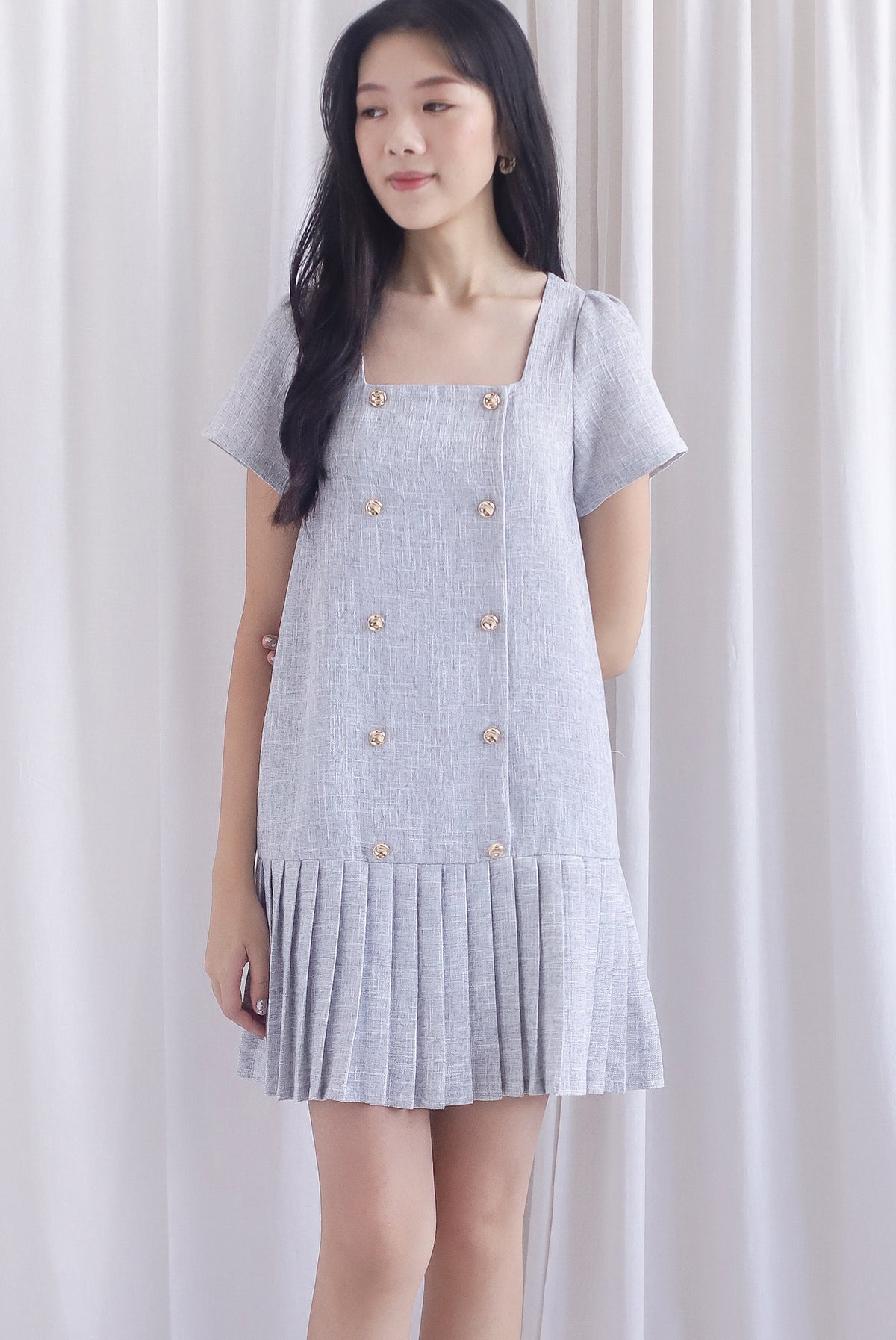 Boston Sleeved Tweed Gold Buttons Pleat Hem Dress In Grey