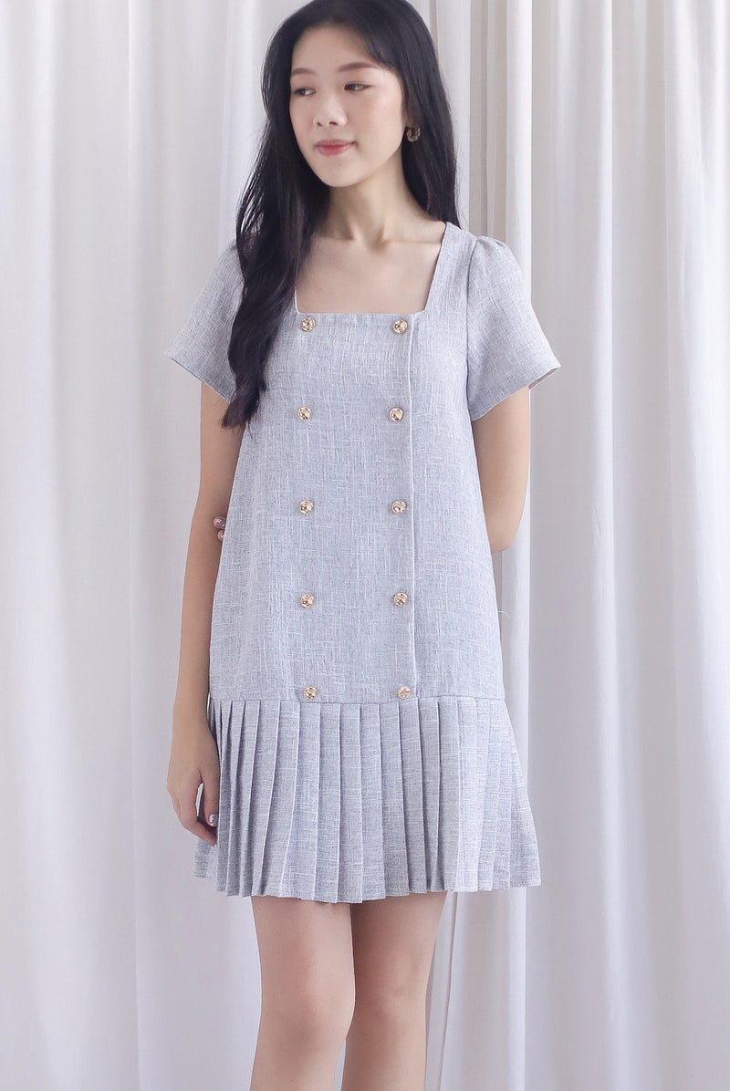 Boston Sleeved Tweed Gold Buttons Pleat Hem Dress In Grey