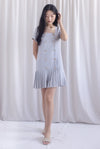 Boston Sleeved Tweed Gold Buttons Pleat Hem Dress In Grey