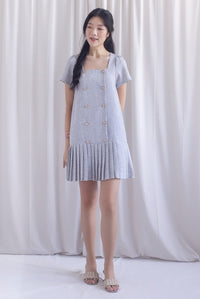 Boston Sleeved Tweed Gold Buttons Pleat Hem Dress In Grey