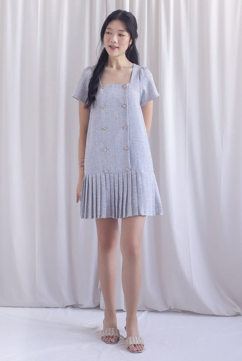 Boston Sleeved Tweed Gold Buttons Pleat Hem Dress In Grey