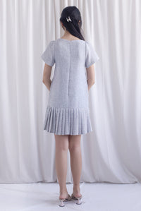 Boston Sleeved Tweed Gold Buttons Pleat Hem Dress In Grey