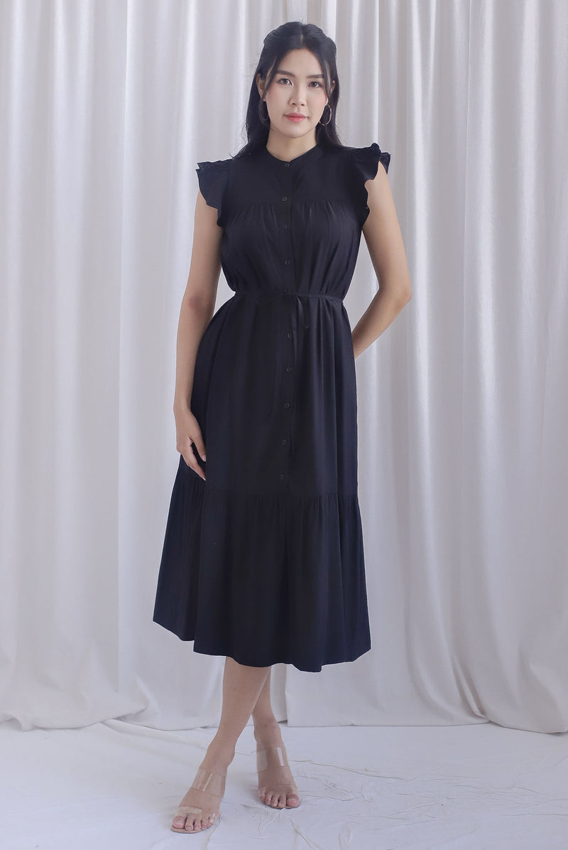 Breen Pleated Frill Sleeve Buttons Dress In Black