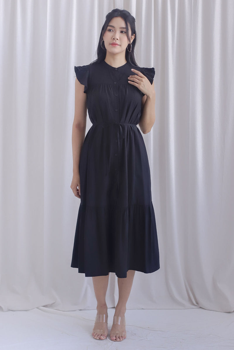 Breen Pleated Frill Sleeve Buttons Dress In Black