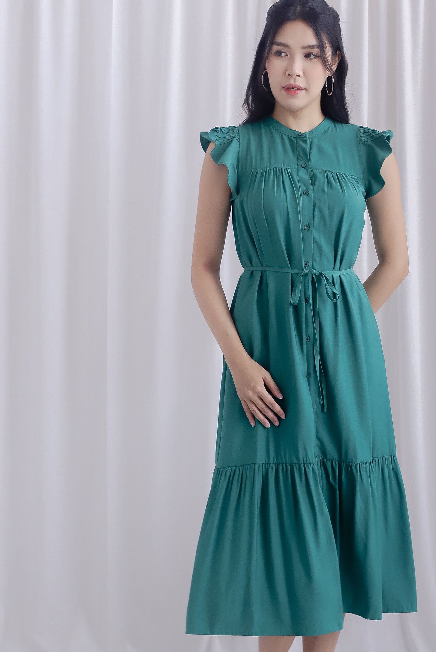 Breen Pleated Frill Sleeve Buttons Dress In Green